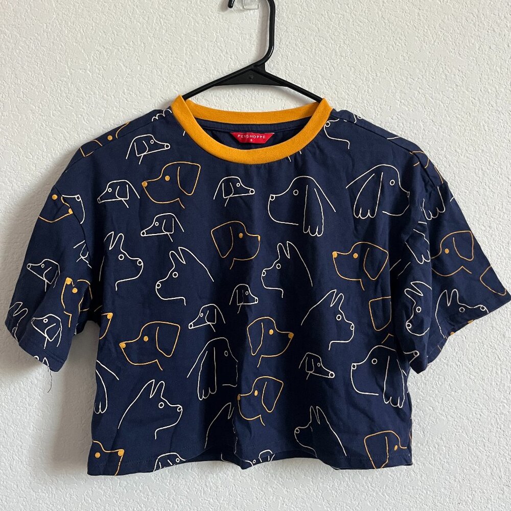 Penshoppe Navy Yellow Doodle Dog Graphic Pattern Crop Top Shirt GOOD